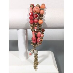Beachy Boho Orange Beaded Triple Strand Bracelet Tassel 7"